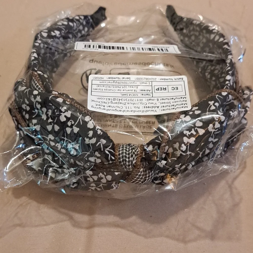 Wide Headband Floral Bow Black, Brown, and White with Checker Ribbon Accent